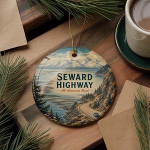 Seward Highway Alaska Ceramic Ornament, Travel Poster Style Scenic Alaska Road Trip Souvenir, Mountain & Coastal Landscape Decor