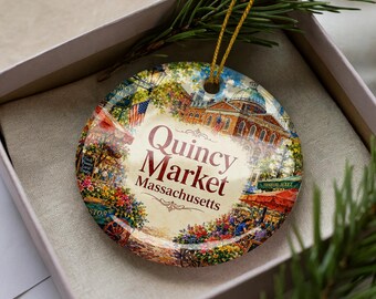 Quincy Market Boston Massachusetts Ceramic Ornament, Watercolor Quincy Market Landmark Souvenir Gift, Boston Travel Keepsake