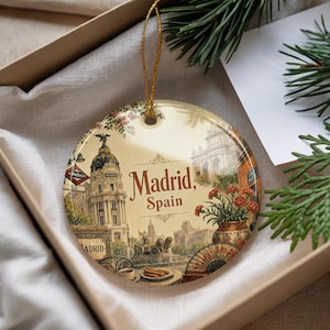 Madrid Spain Ceramic Ornament, Madrid City Landmark Travel Souvenir, Spain Vacation Keepsake, Watercolor Style Christmas Ornament