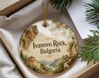Watercolor Ivanovo Rock Churches Bulgaria Ceramic Ornament, UNESCO Rock-Hewn Monastery Cliff Chapel Souvenir Gift