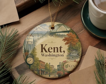 Kent Washington Ceramic Ornament, Kent WA City Skyline Souvenir, Washington State Travel Keepsake, Watercolor Style Holiday Ornament
