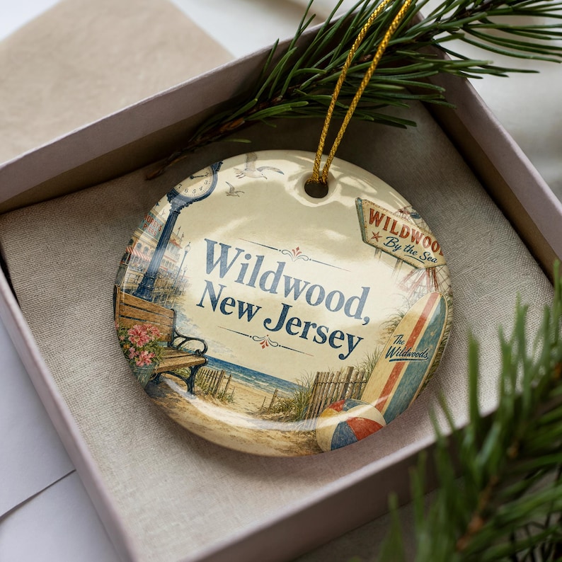 A decorative ornament in a box, featuring illustrations of a beach scene and the text "Wildwood, New Jersey".