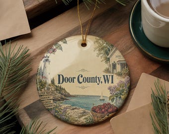 Door County Wisconsin Watercolor Ceramic Ornament, Door County WI Souvenir Travel Keepsake, Lake Michigan Vacation Gift