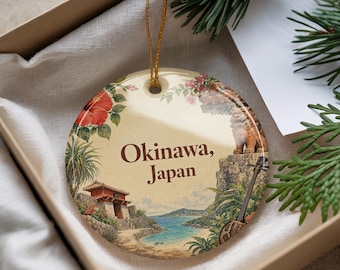 Okinawa Japan Ceramic Ornament, Watercolor Okinawa Island Souvenir Keepsake, Japan Travel Gift, Coastal Japan Holiday Ornament