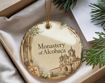 Monastery of Alcobaça Watercolor Ceramic Ornament, Portugal Abbey Souvenir Hanging Decor, Travel Landmark Keepsake Gift