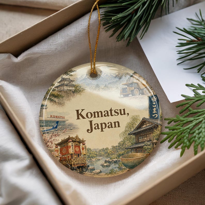 A decorative ornament with a circular design featuring various Japanese architectural elements, such as pagodas, shrines, and traditional houses, along with the text "Komatsu, Japan".