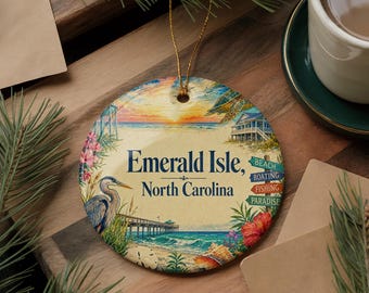 Emerald Isle North Carolina Ceramic Ornament, Watercolor Coastal Beach Town Souvenir, Outer Banks Vacation Keepsake Gift