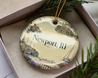 Newport RI Watercolor Ceramic Ornament, Newport Rhode Island Souvenir, Coastal New England Travel Keepsake, Gift for Newport Lovers