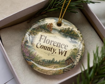 Florence County Wisconsin Ceramic Ornament, Watercolor Travel Souvenir, Northwoods WI Holiday Christmas Tree Decoration