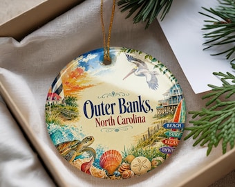 Outer Banks North Carolina Ceramic Ornament, Watercolor Outer Banks Souvenir, OBX Coastal Christmas Tree Decoration, Beach Gift