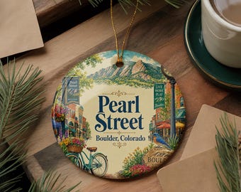 Pearl Street Boulder Colorado Ceramic Ornament, Watercolor Pearl Street Mall Downtown Boulder Souvenir Gift Travel Keepsake