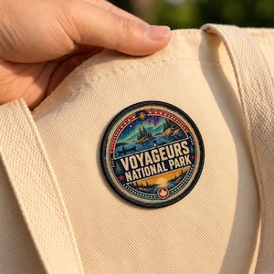 Voyageurs National Park Travel Poster Style Iron-On Patch, Minnesota Lake Canoe Camping Souvenir Badge