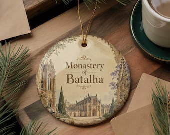 Monastery of Batalha Watercolor Ceramic Ornament, Portugal Gothic Landmark Souvenir, Travel Keepsake Christmas Tree Decor
