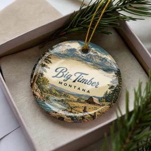Big Timber Montana Ceramic Ornament, Retro Travel Poster Style Montana Souvenir, Big Timber MT Landmark Keepsake Gift