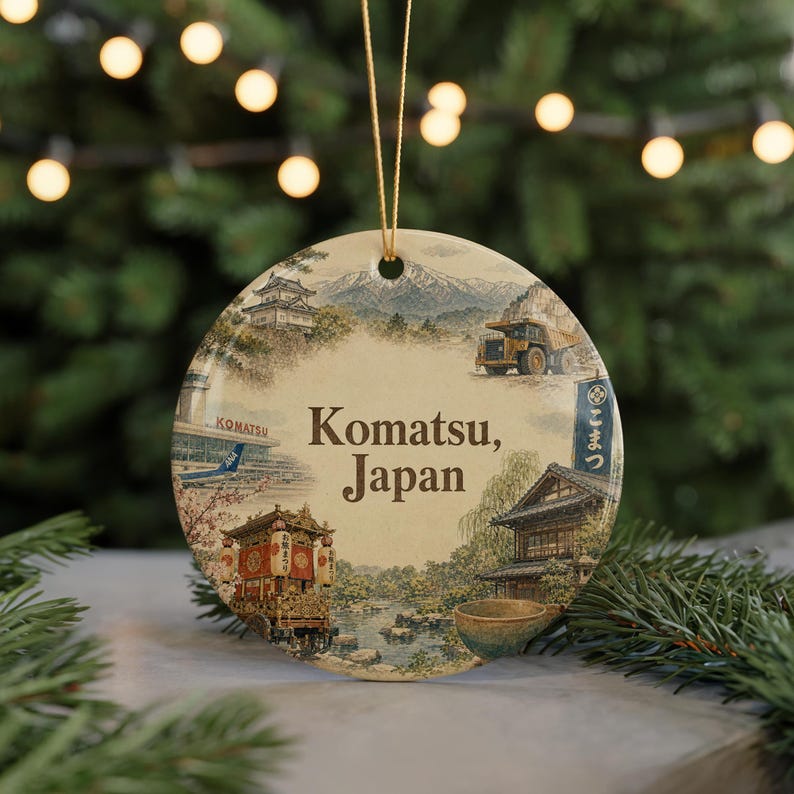 A decorative ornament featuring illustrations of various Japanese landmarks and scenes, including a temple, pagoda, and traditional Japanese architecture, with the text "Komatsu, Japan" prominently displayed.