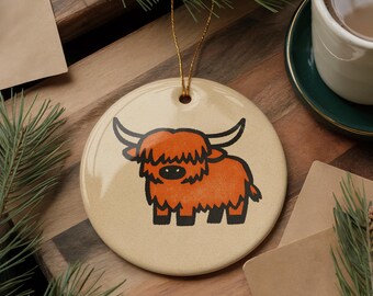 Cute Kawaii Highland Cow Ceramic Ornament, Scottish Cow Christmas Tree Decoration, Farm Animal Gift, Rustic Holiday Ornament