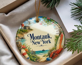 Montauk New York Ceramic Ornament, Watercolor Montauk Lighthouse Souvenir, Long Island Coastal Holiday Tree Decoration Gift