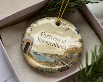 Suomenlinna Fortress Watercolor Ceramic Ornament, Helsinki Finland Sea Fortress Landmark Holiday Christmas Tree Decor