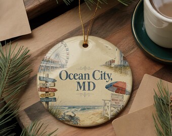 Ocean City MD Ceramic Ornament, Watercolor Style Ocean City Maryland Beach Boardwalk Souvenir Keepsake Gift