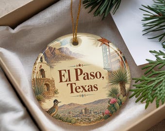 El Paso Texas Ceramic Ornament, Watercolor El Paso Souvenir, Texas Travel Keepsake, Southwest City Landmark Holiday Ornament