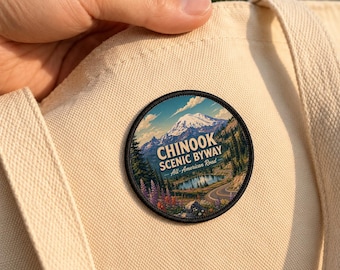 Chinook Byway Travel Poster Iron-On Patch, Scenic Mountain Highway Souvenir Patch, Road Trip Adventure Badge