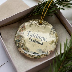 May include: A round ceramic ornament with the text "Fairhope, Alabama" in a decorative font. The ornament features a scenic illustration of a coastal town with a bicycle, bench, and sailboat. A gold string is attached for hanging.