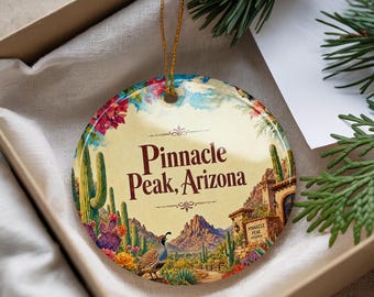 Pinnacle Peak Arizona Ceramic Ornament, Watercolor Desert Mountain Landscape Souvenir, Scottsdale AZ Travel Keepsake Gift