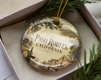 Paso Robles California Watercolor Ceramic Ornament, Central Coast Travel Souvenir, Wine Country Holiday Tree Decoration