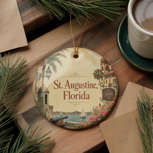St Augustine Florida Ceramic Ornament, Watercolor St Augustine Souvenir Keepsake, Historic Coastal City Travel Gift, Vacation Memory Decor