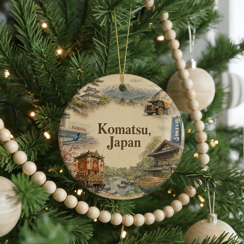 A round ornament hanging on a Christmas tree, featuring illustrations of various Japanese landmarks and scenery.