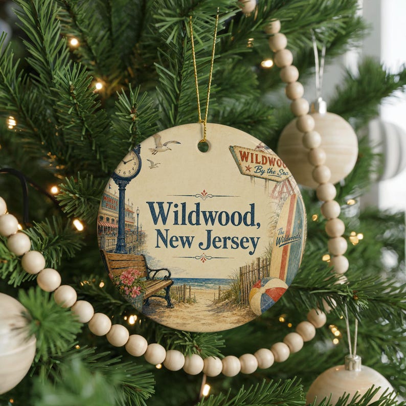 A round ornament on a Christmas tree, featuring illustrations of a beach, a clock, and a sign that says "Wildwood, New Jersey".