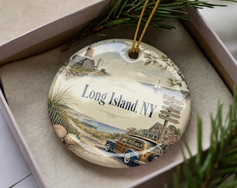 Long Island NY Ceramic Ornament, Watercolor Long Island New York Map Souvenir, Coastal Travel Keepsake Gift