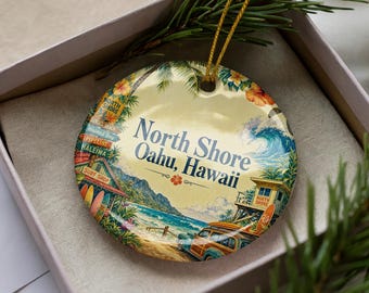 North Shore Oahu Hawaii Ceramic Ornament, Watercolor Coastal Island Souvenir, Hawaiian Beach Holiday Tree Decoration