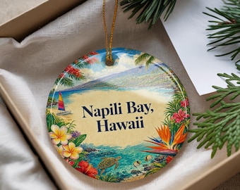 Napili Bay Hawaii Ceramic Ornament, Watercolor Coastal Beach Scene Souvenir, Maui Ocean Cove Vacation Keepsake Gift