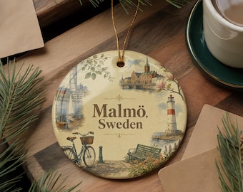 Malmo Sweden Ceramic Ornament, Watercolor Malmo City Landmark Souvenir Hanging Christmas Tree Decoration Gift