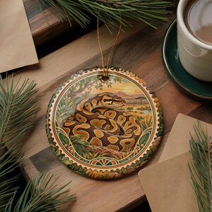 Ball Python Ceramic Ornament, Vintage Watercolor Travel Stamp Snake Christmas Tree Decoration, Reptile Lover Gift, Holiday Ornament