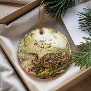 May include: A round ceramic ornament featuring a Sumatran Short-tailed Python illustration. The ornament has a gold string for hanging. The design includes a snake, butterflies, and the text "Sumatran Short-tailed Python."