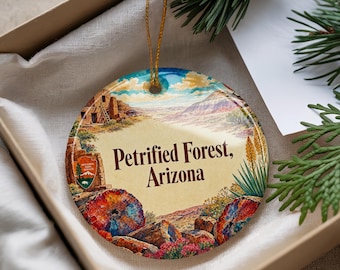 Petrified Forest Arizona Ceramic Ornament, Watercolor Petrified Wood Desert Landscape Souvenir Travel Keepsake Gift