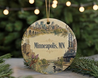 Minneapolis MN Ceramic Ornament, Watercolor Minneapolis Skyline Landmark Souvenir, Minnesota Travel Keepsake Gift