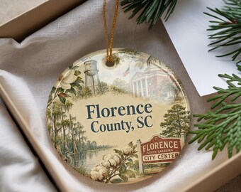 Florence County SC Ceramic Ornament, South Carolina County Map Souvenir, Hometown Keepsake, Watercolor Style Christmas Ornament