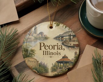 Peoria Illinois Watercolor Ceramic Ornament, Peoria IL Travel Souvenir, Illinois City Landmark Keepsake Gift, Holiday Tree Decor