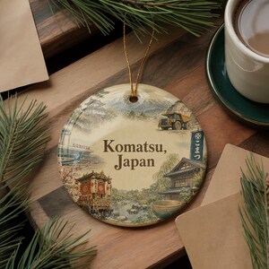 A decorative ornament featuring a collage of Japanese scenes, including a temple, pagoda, and traditional Japanese architecture, along with the text "Komatsu, Japan". The ornament is placed on a wooden surface, surrounded by pine branches and a cup of coffee.