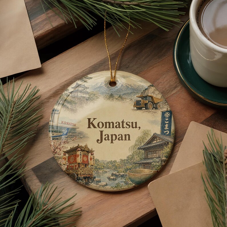 A decorative ornament featuring a collage of Japanese scenes, including a temple, pagoda, and traditional Japanese architecture, along with the text "Komatsu, Japan". The ornament is placed on a wooden surface, surrounded by pine branches and a cup of coffee.