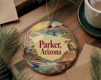 Parker Arizona Ceramic Ornament, Watercolor Parker AZ Souvenir, Arizona Travel Keepsake, Parker City Landmark Ornament