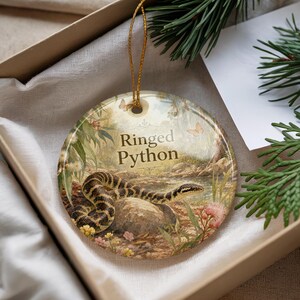 May include: A round ceramic ornament featuring a detailed illustration of a Ringed Python in a natural habitat. The ornament has a gold string for hanging and is presented in a gift box.