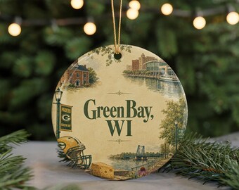 Green Bay WI Ceramic Ornament, Watercolor Green Bay Wisconsin Souvenir Gift, Travel Keepsake, Green Bay Landmark Decor