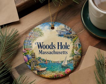 Woods Hole Massachusetts Harbor Ceramic Ornament, Watercolor Coastal Village Waterfront Souvenir, Cape Cod Nautical Holiday Decor