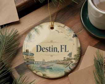 Destin FL Watercolor Ceramic Ornament, Destin Florida Beach Souvenir, Coastal Vacation Christmas Tree Decoration, Gulf Coast Gift