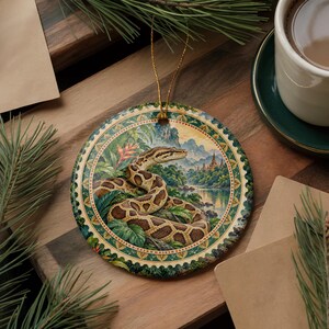 May include: A round ceramic ornament featuring a detailed illustration of a brown and tan patterned snake coiled amidst lush green tropical foliage, with a distant river and temple landscape, finished with a decorative border and a gold hanging string.