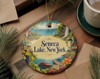Seneca Lake New York Ceramic Ornament, Finger Lakes Travel Souvenir, Watkins Glen NY Vacation Keepsake, Watercolor Lake Scene Ornament